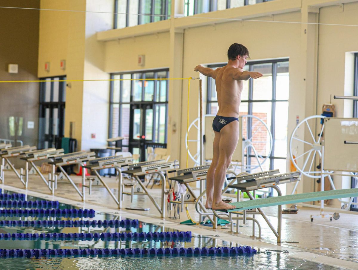 Arms to the side, senior Luke Sitz prepares to dive at a Walnut Grove meet. The meet was held in the Prosper ISD Natatorium. “Honestly, diving has impacted my life with all of the life lessons it gives,” Sitz said. “Failure is good, and you can fail at something. But, if you keep trying you’ll get it right someday.” 