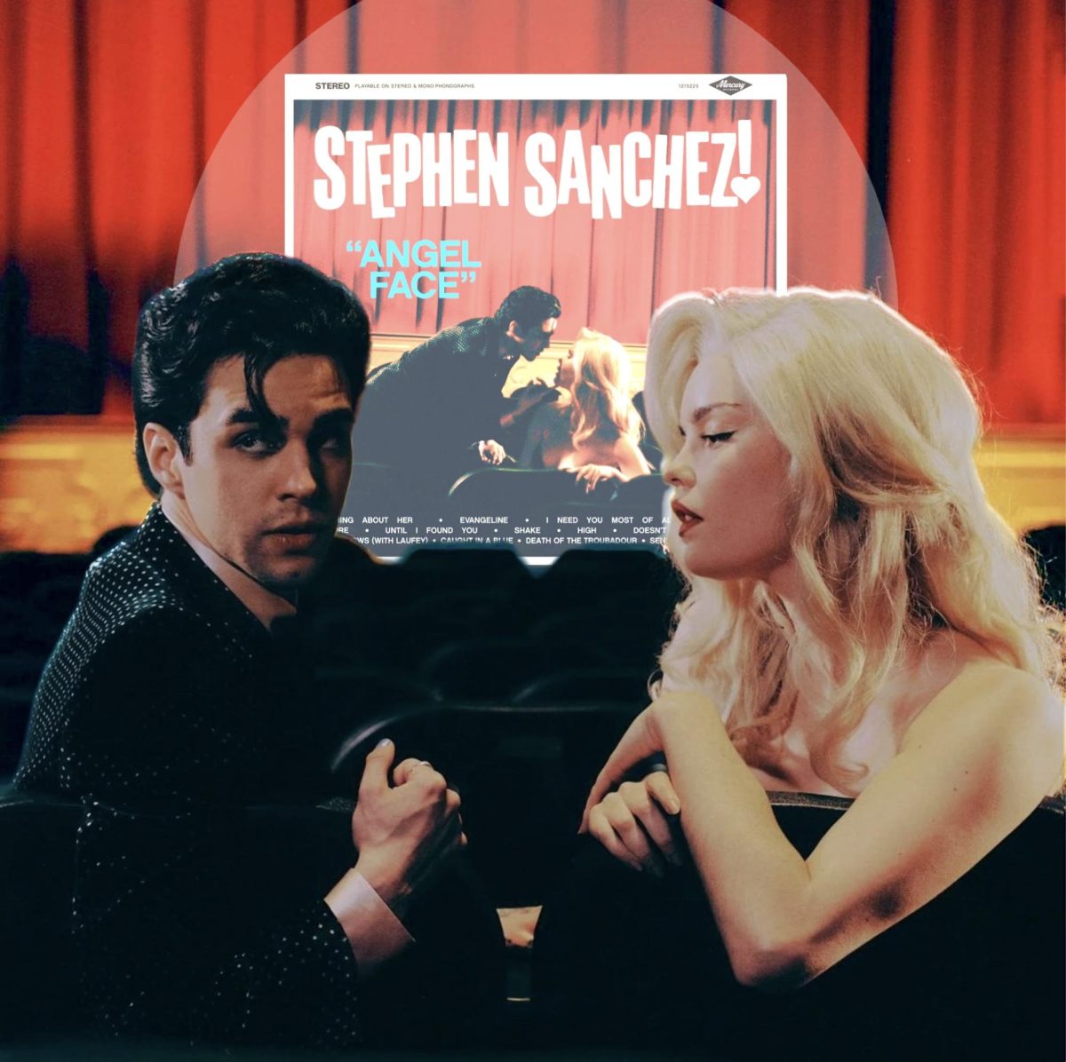 A graphic comprising the “Angel Face” album cover and images from its promotion shoot depict Stephen Sanchez as his fictional self “The Troubadour” with his love, “Evangeline.” Sanchez released his second album on September 22, 2023. He has recently started his tour, and is performing in Dallas, Texas on November 11th. 