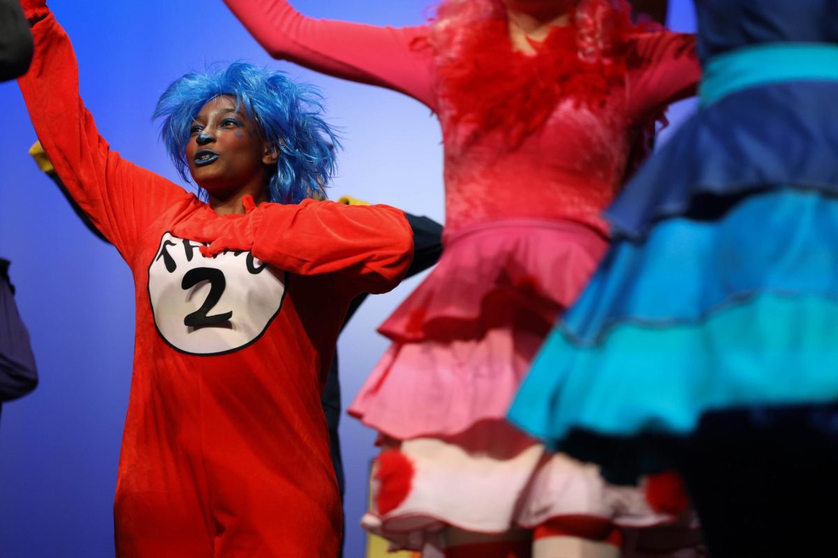 Thing 1 and 2 dance onto the stage as The Cat in the Hat’s assistants at the end of the show. This scene and throughout the show was an amazing experience which needed an incredible backstage crew. These jobs include stage manager, costume designer, assistant stage manager, and many other roles. Presley Jez, the assistant stage manager says this“My favorite part is getting to be with so many nice and supportive people every single day at rehearsals and performances,” says Jez. “The thing I am most excited for is a hard question because it is all so good, but probably the song ‘All for you’. Sarah Jane sings it and she is so talented, but every single one of the actors are so amazing so every bit of the performance is enjoyable 

