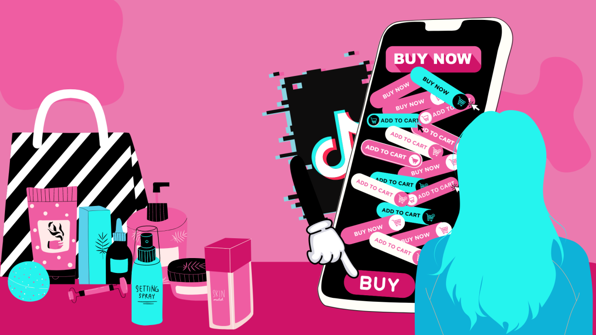 This image shows a girl, sitting at a desk with a lot of makeup products, in front of a large phone. The TIkTok image is pointing to the “Buy Now” button on the giant phone. Digital image created on Canva.