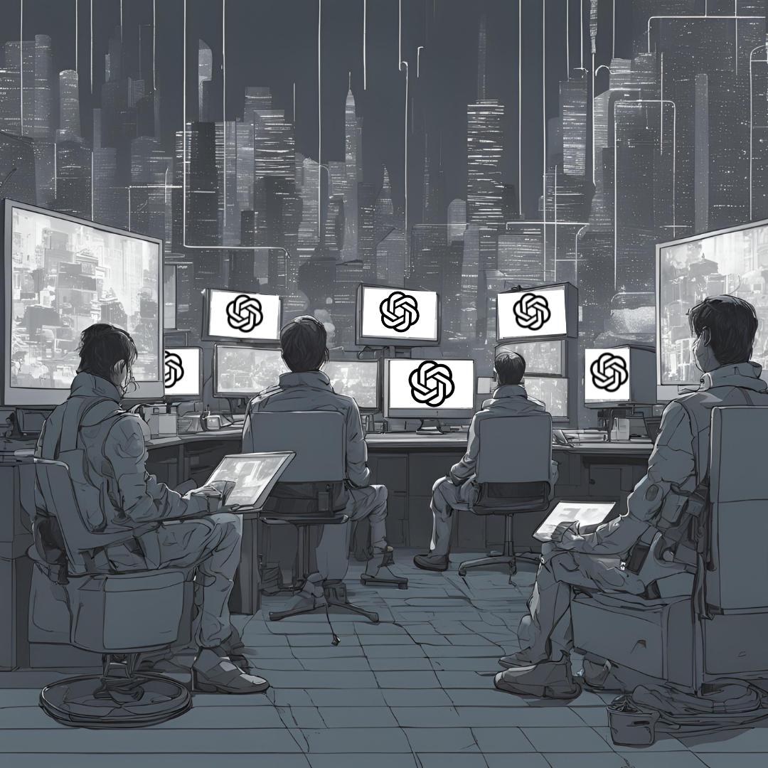 This is an image created by an AI software program. The image showcases humans in a bleak and grey world, and they are attached to screens in these big cities. The world is grey and stark to showcase what will happen if humans become dependent on AI. 
