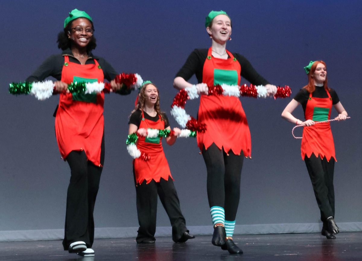 From left to right, Zoie Hazziez, Reece Socha, Jordyn Morgan and Heidi Bright. Musical Theatre participated in the middle school Fine Arts Showcase, performing 'Sparklejollytwinklejingley' from Elf. “The show is fun to do because it lets us connect with our eighth graders and show them what we do,” Morgan said. 