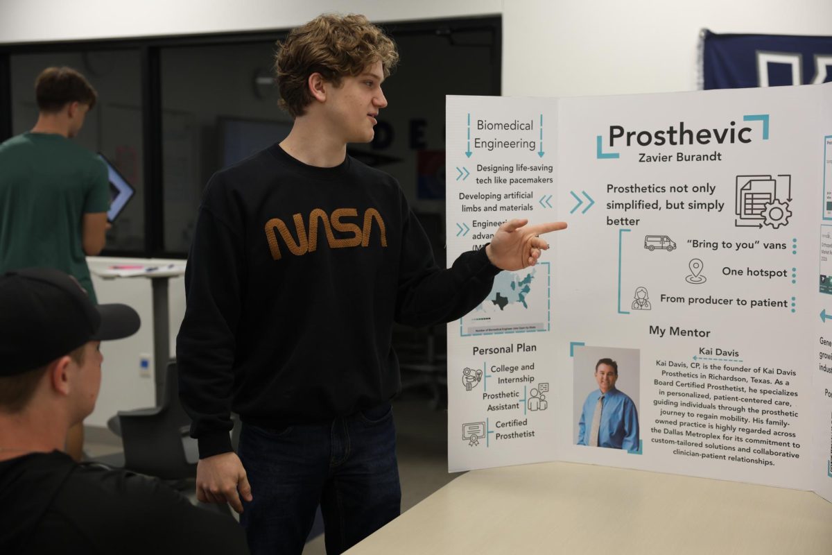 Zavier Burandt presents his PCIS final project to two classmates. His presentation is about his prosthetics business model.